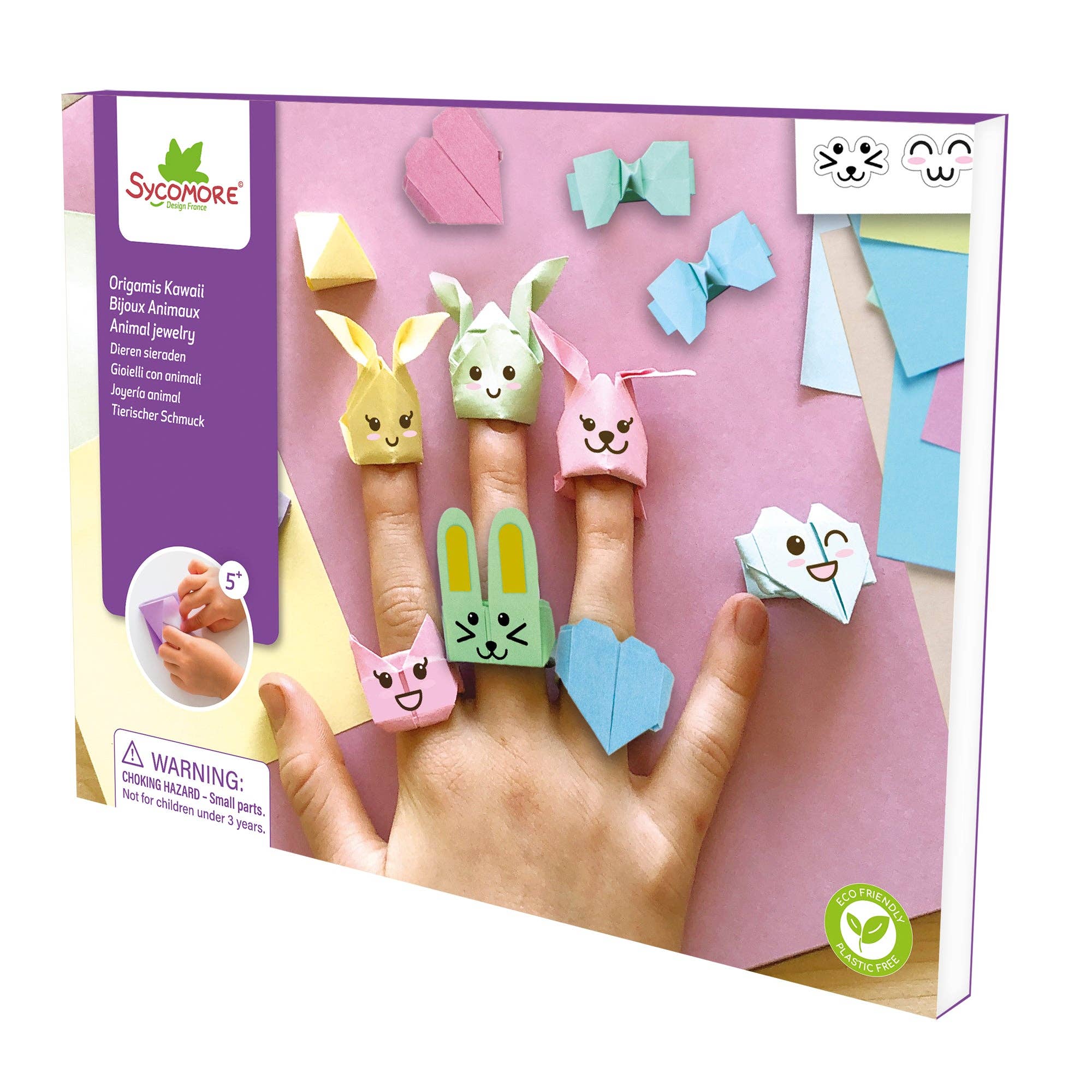 Sycamore brand packaging of colorful animal-themed finger puppets on a pink background.
