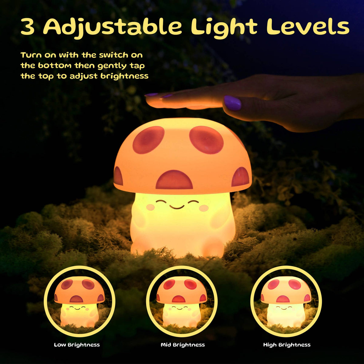 Mushroom-shaped night light with adjustable light levels on a dark background