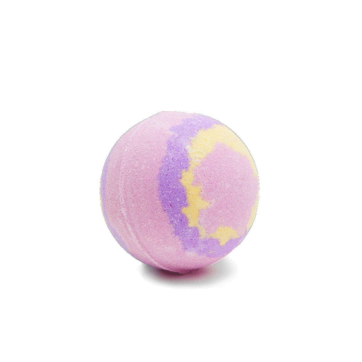 Pink and purple bath bomb with yellow design on a white background
