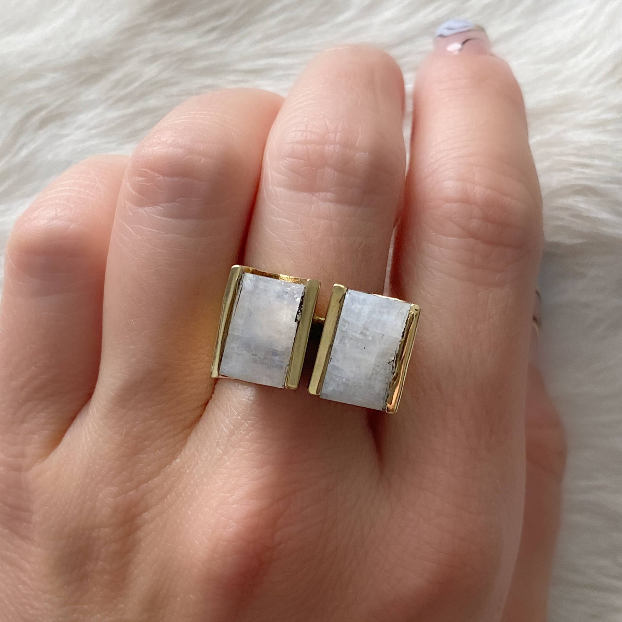 Double Rectangle Cut Brass Ring with Moonstone