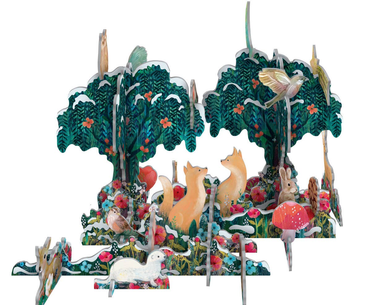 Decorative scene with animals and trees on a white background