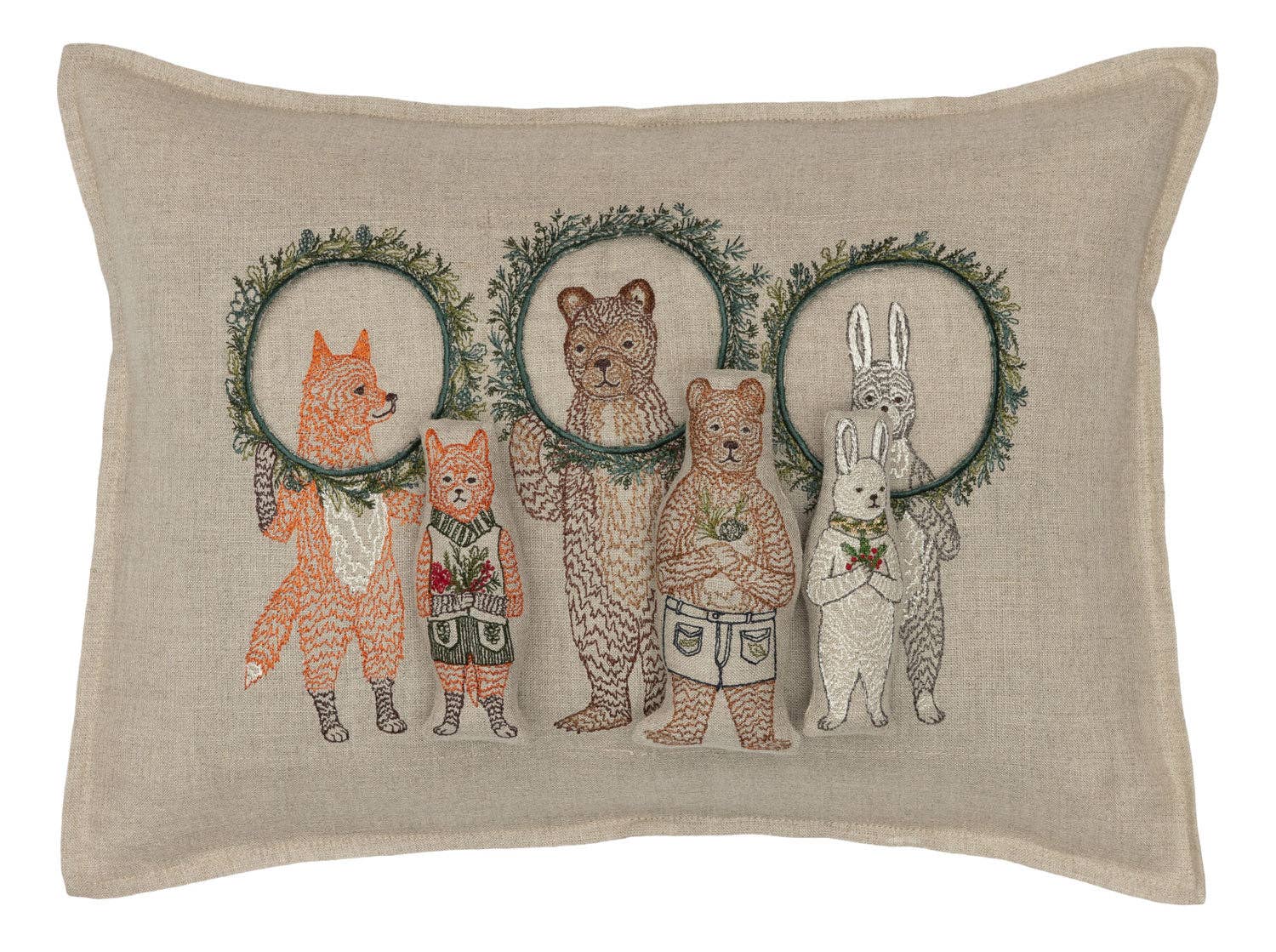 Decorative pillow with animal illustrations on a beige background