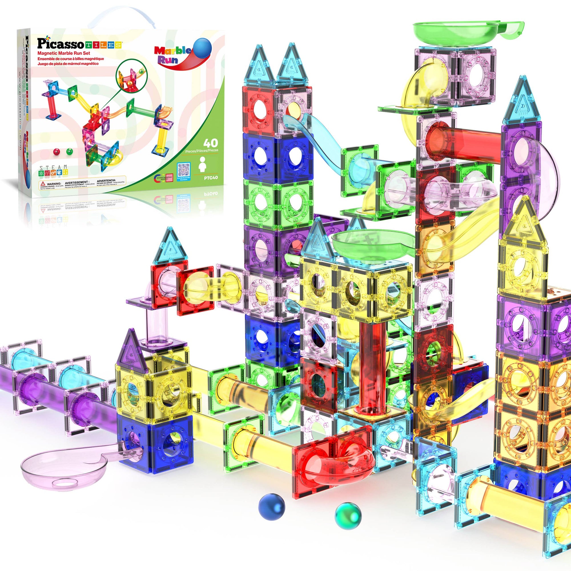 Colorful magnetic building blocks set with a box in the background