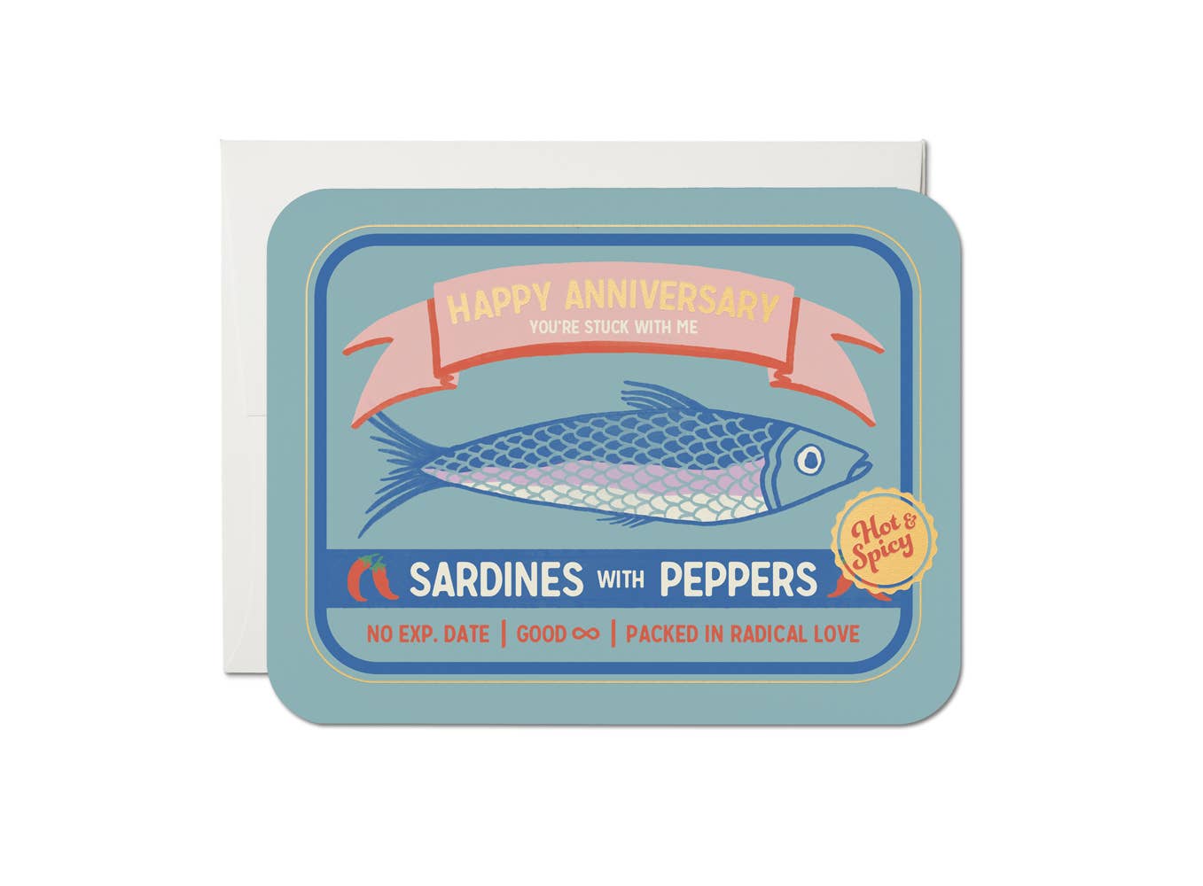 Card with sardine illustration and 'Happy Anniversary' text on a light blue background