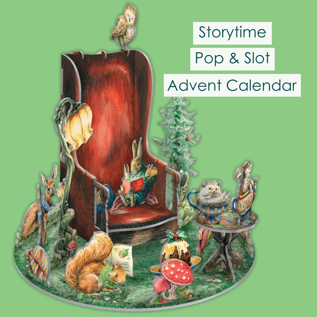 Advent calendar with a story-themed design featuring animals around a chair on a green background.
