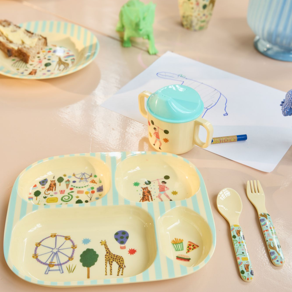 Melamine Baby Dinner Set in Gift Box - Fun Fair Print - Mint - 4 pcs