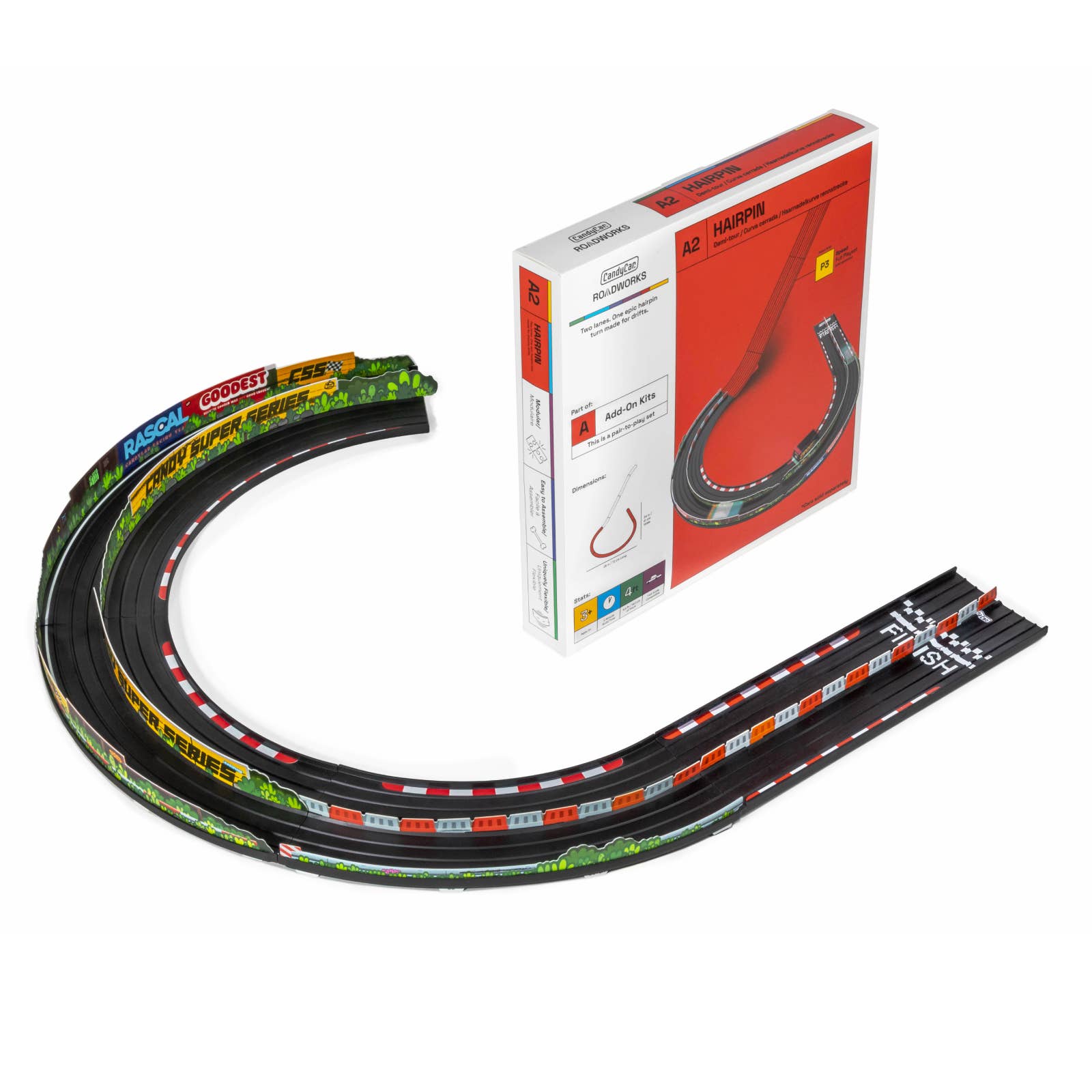 Model car track set with a box on a white background