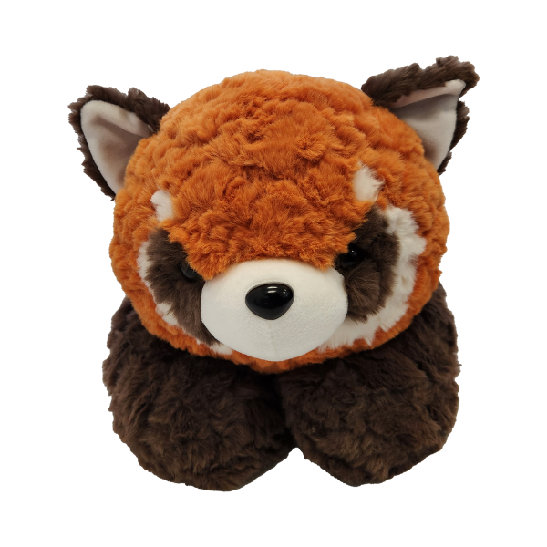 Plush toy resembling a red panda with an orange head on a white background