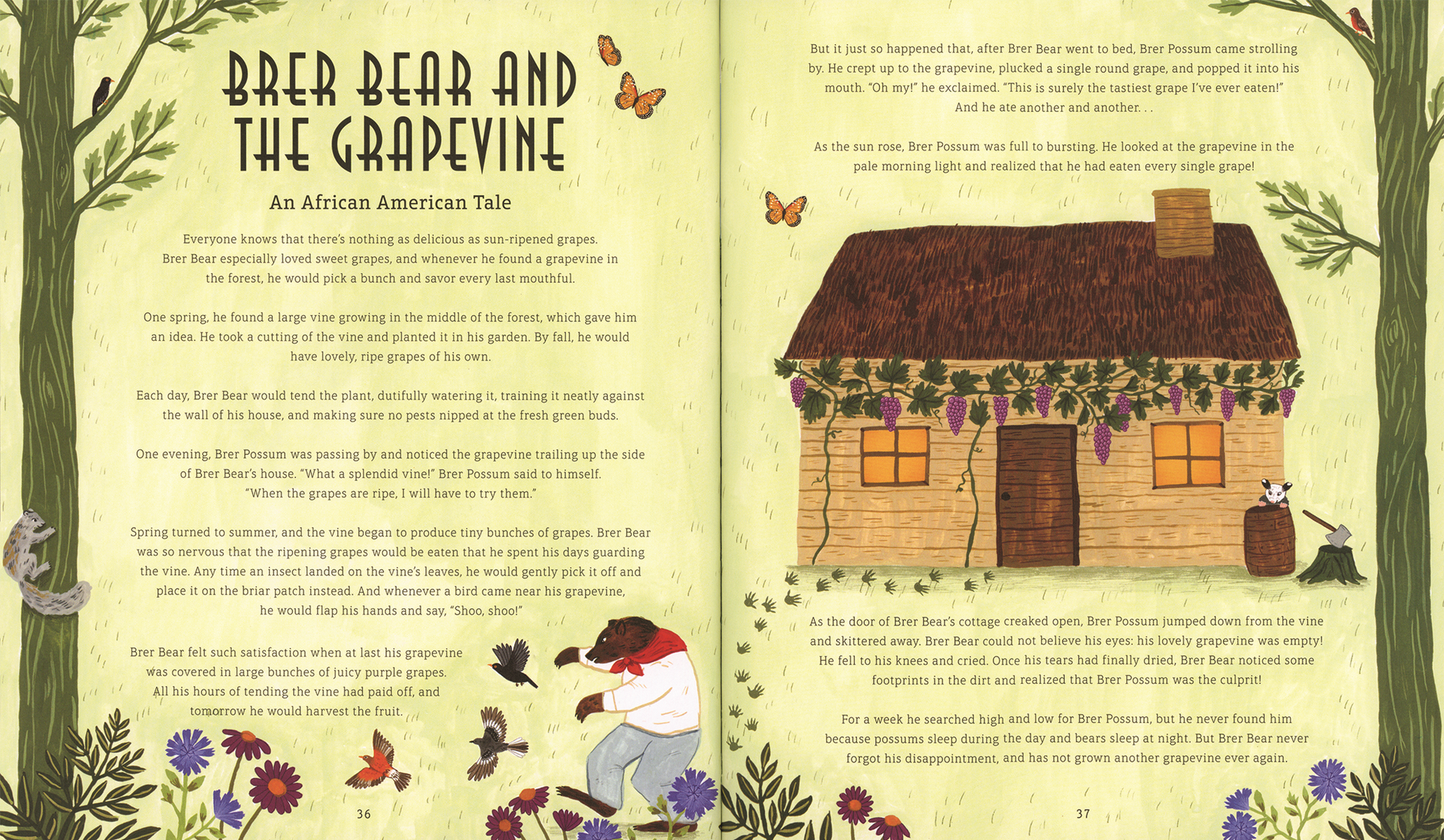 Illustrated book open to a page about 'Brer Bear and the Grapevine' with a house and bear on a green background.