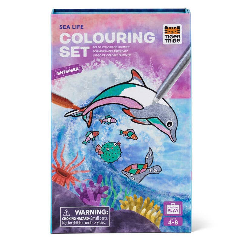 Sea life colouring set packaging with dolphin illustration and Tiger Tribe branding.