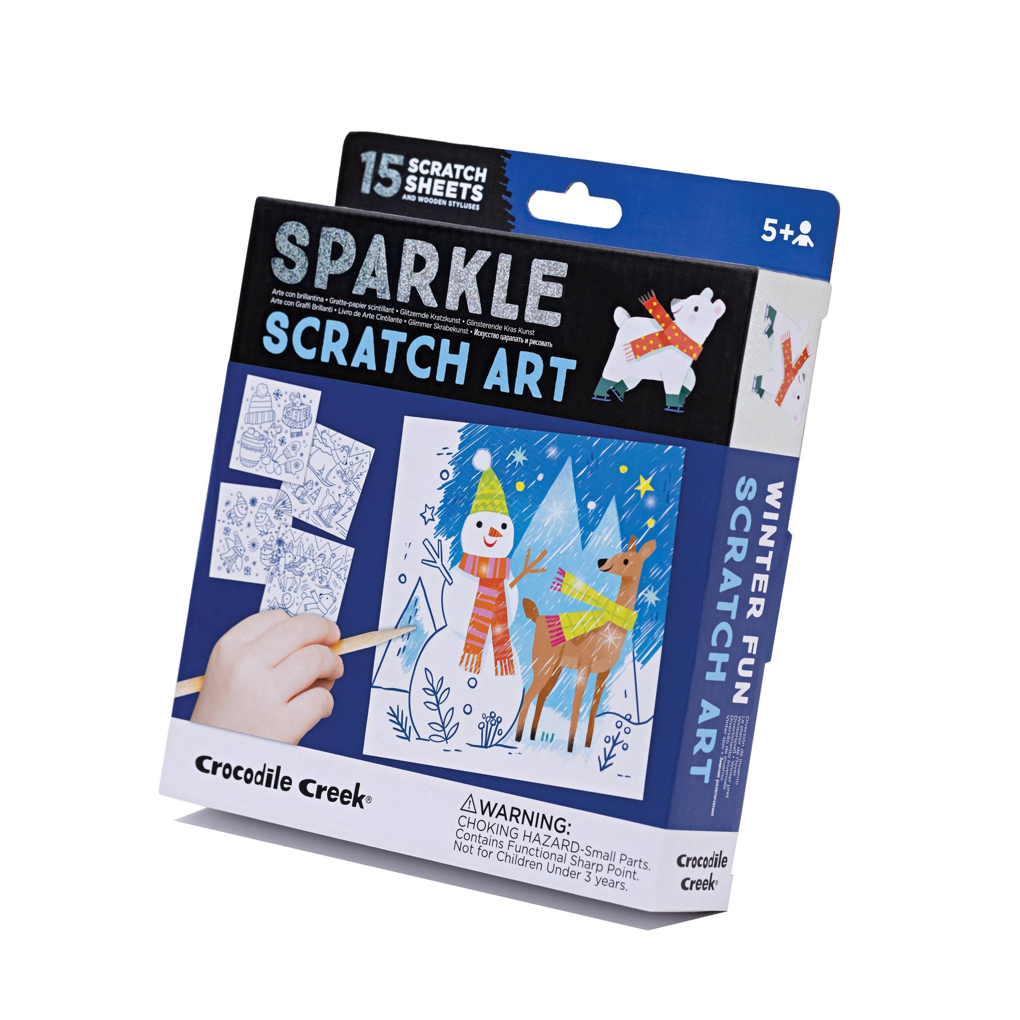 Sparkle scratch art kit packaging with winter-themed designs on a white background