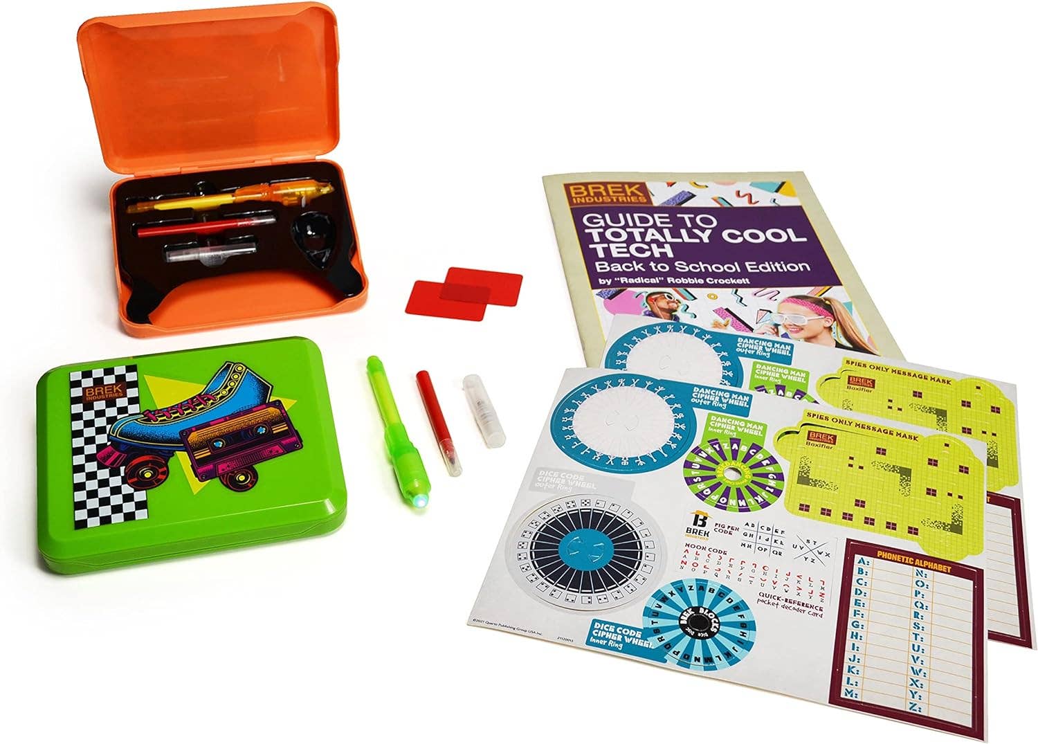 Colorful stationery set with a green case, orange lid, and various items on a white background.