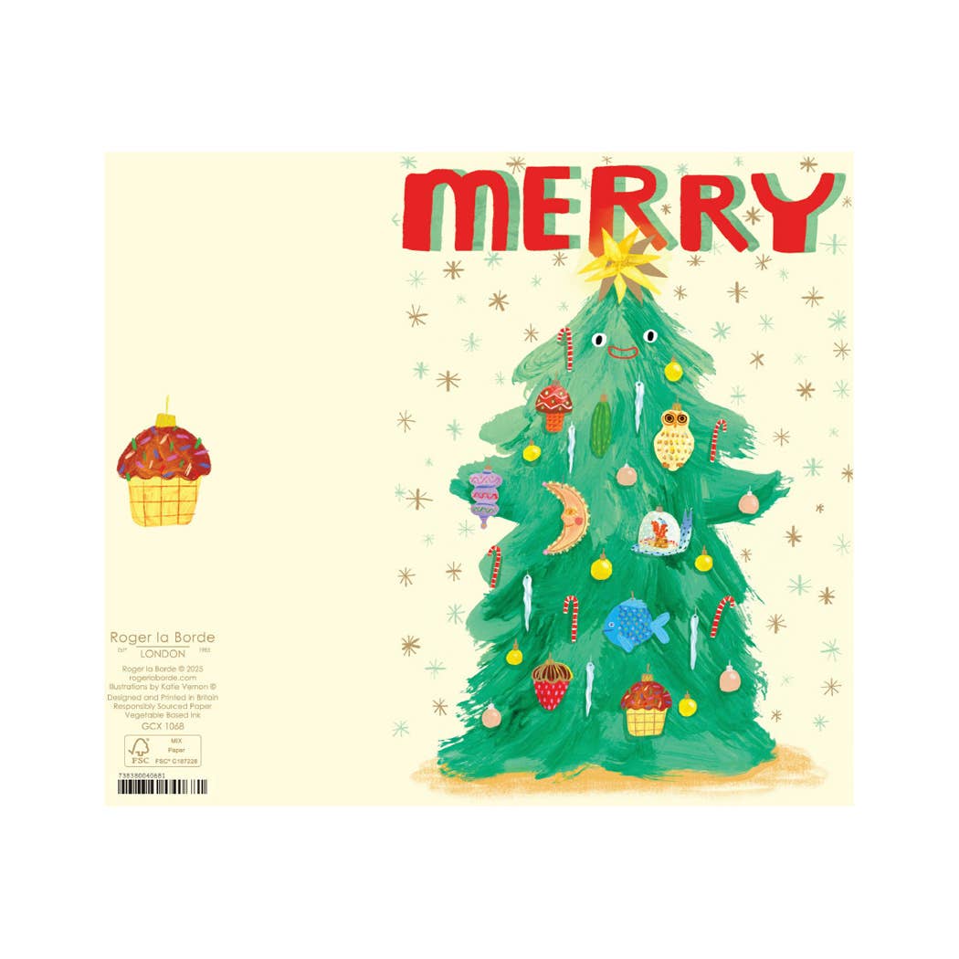 Illustrated Christmas tree with ornaments on a yellow background with 'MERRY' text.
