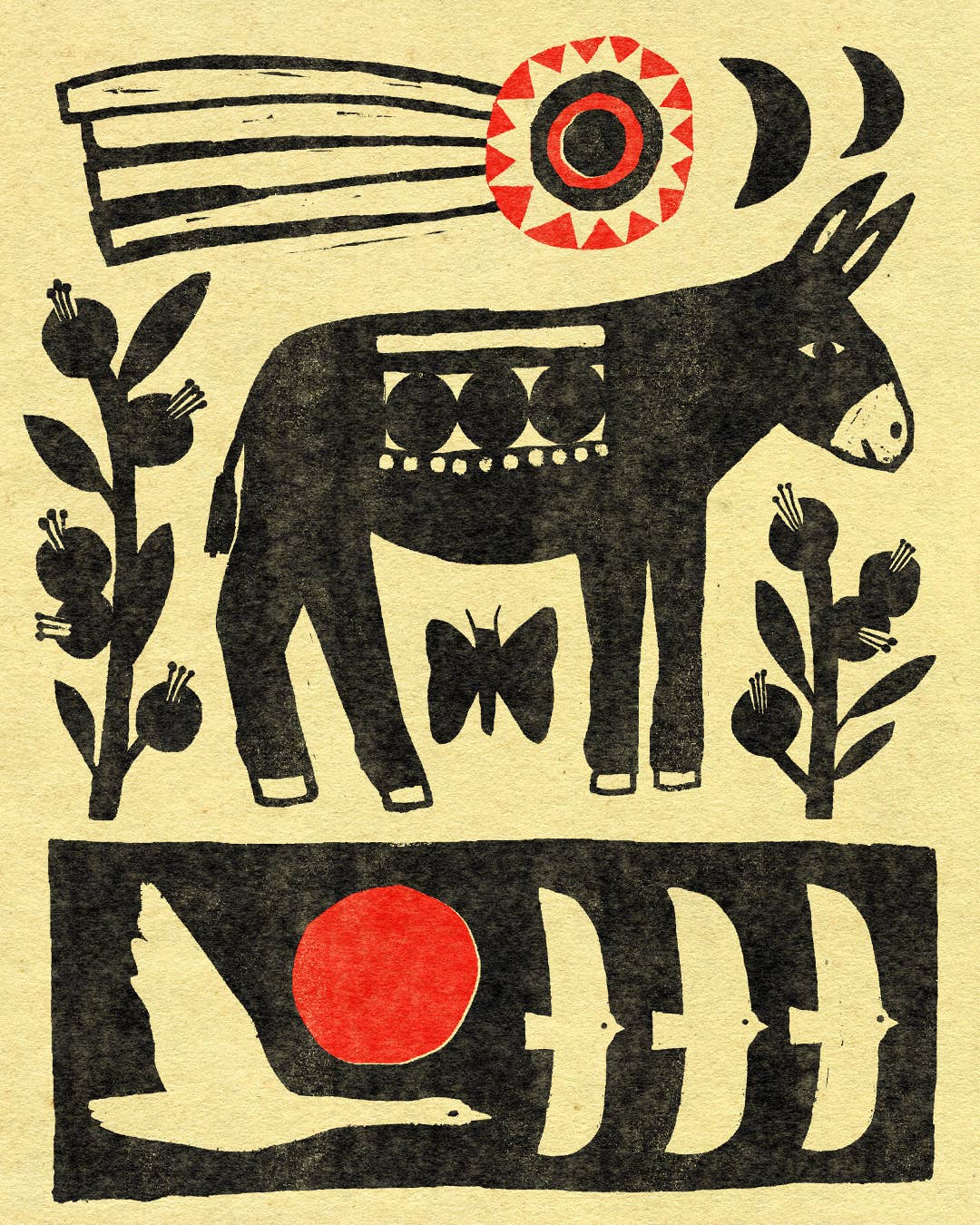 Stylized illustration of a donkey with abstract elements on a beige background