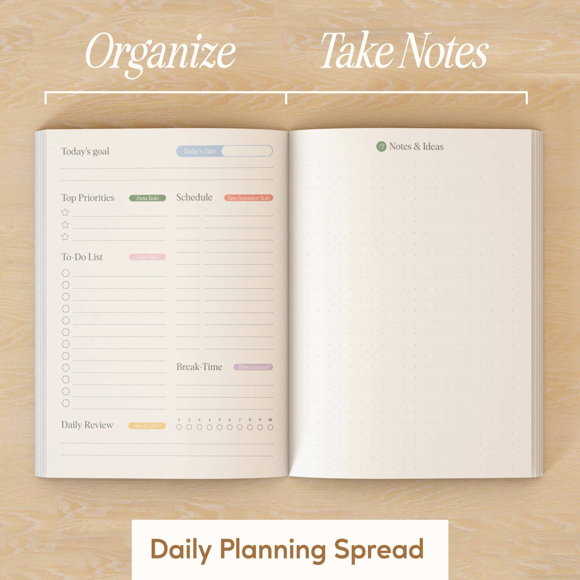 Open planner with daily planning spread on a wooden surface