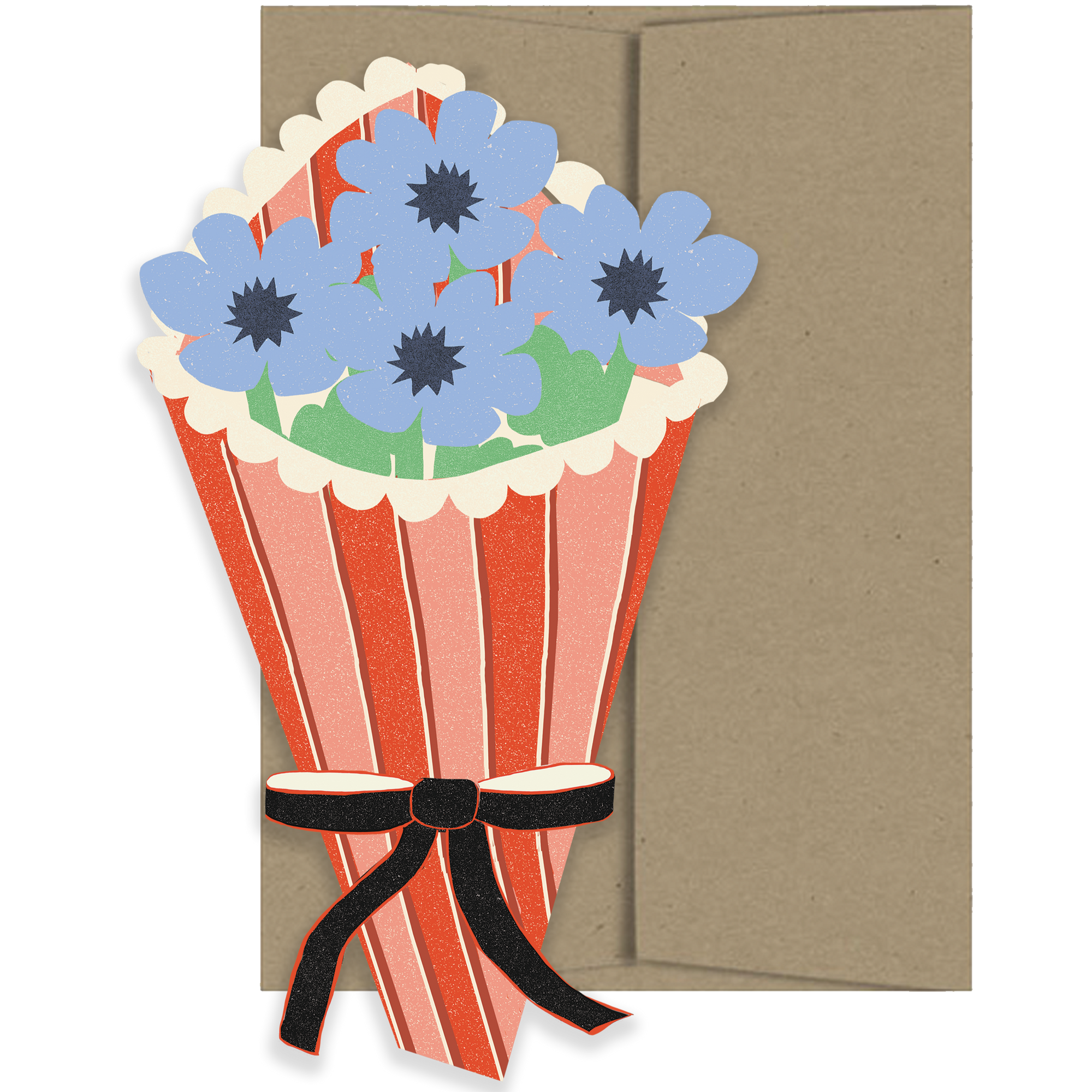 Greeting card with a bouquet of blue flowers and a red ribbon on a brown background
