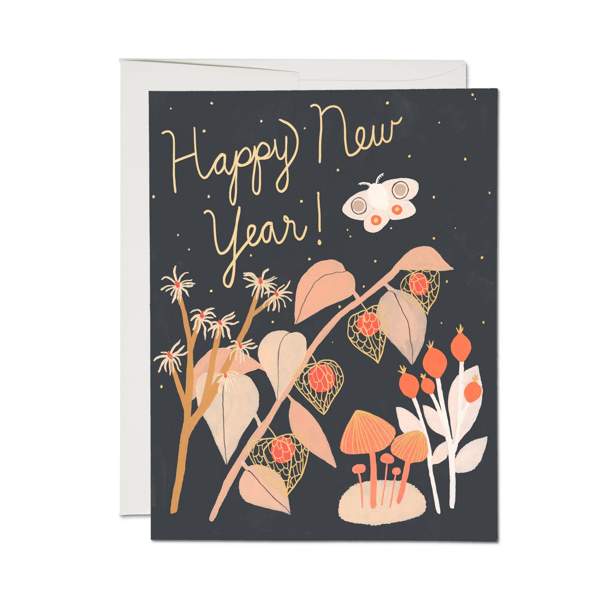 Greeting card with 'Happy New Year!' text and nature-themed illustrations on a dark background.