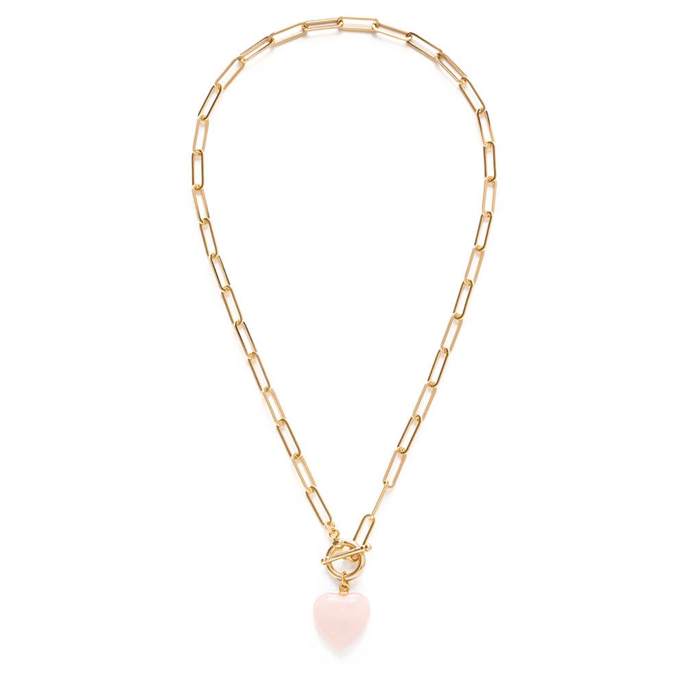 Roxy Chain Toggle Clasp Heart Necklace -rose quartz