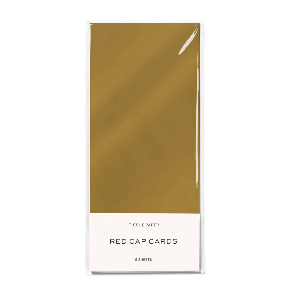 Pack of 5 Red Cap Cards tissue paper sheets in a clear plastic sleeve with a white label at the bottom, featuring a gold tissue paper sample.