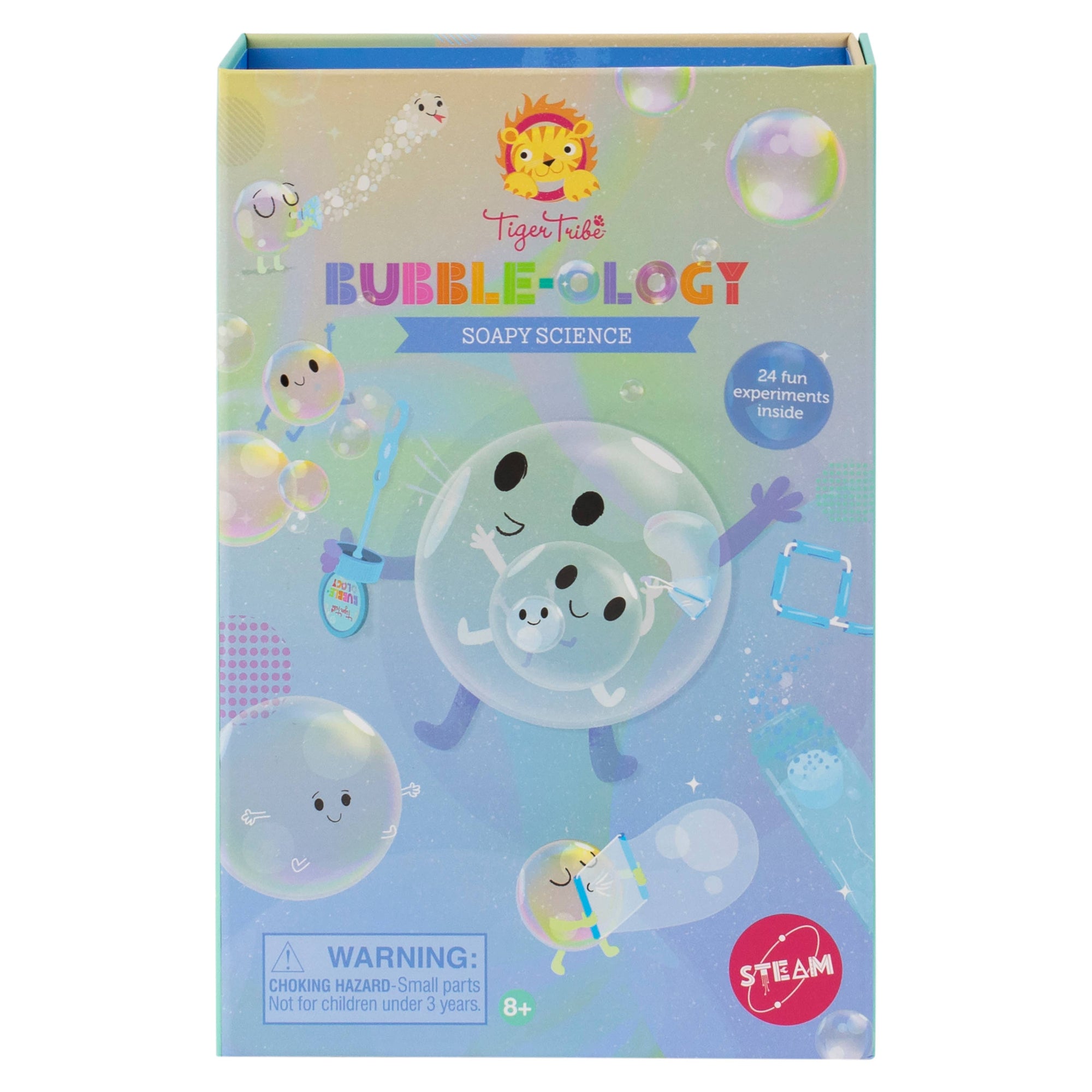Box of Tiger Tribe Bubble-ology soapy science kit with colorful design and bubble-themed graphics.