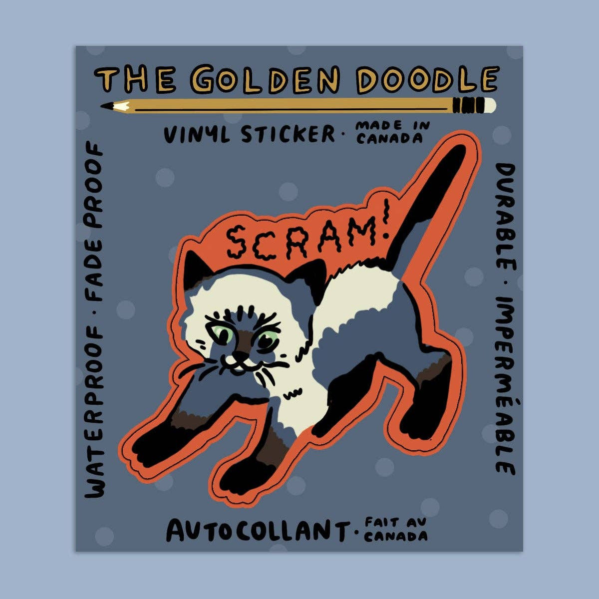 Vinyl sticker with a dog design and text on a blue background