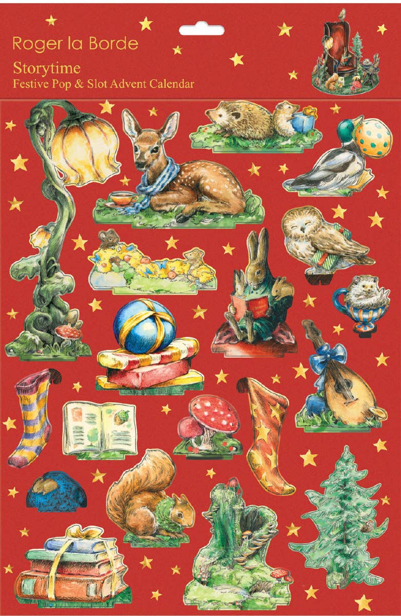 Advent calendar with festive pop and slot figures on a red background
