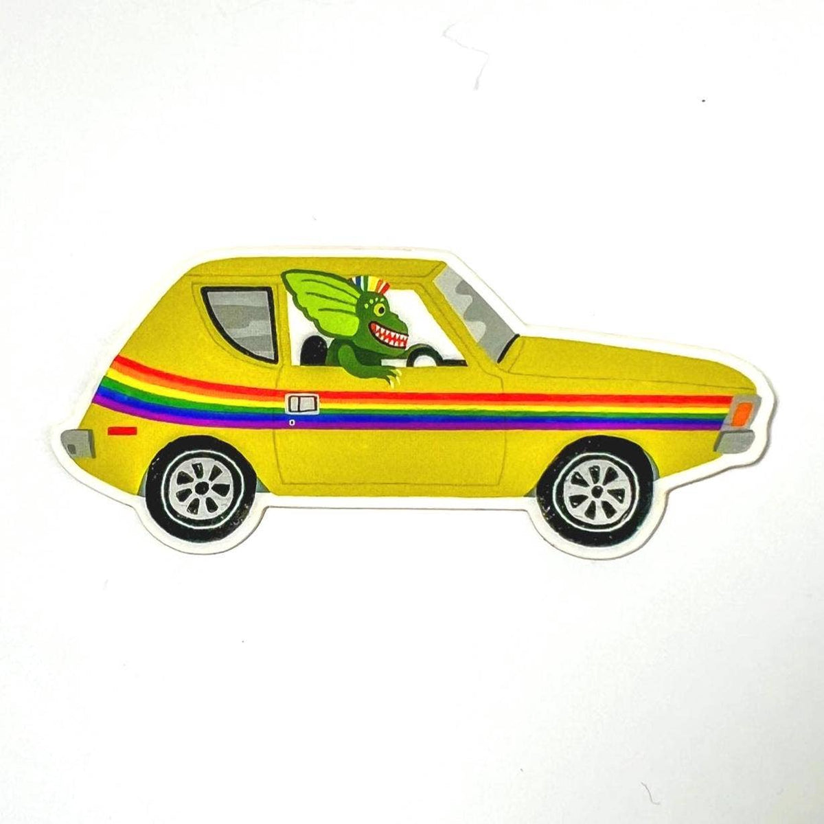 Yellow car with a green creature driving, featuring rainbow stripes on a white background