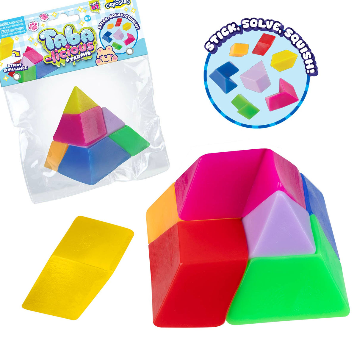Colorful geometric blocks with packaging and branding on a white background