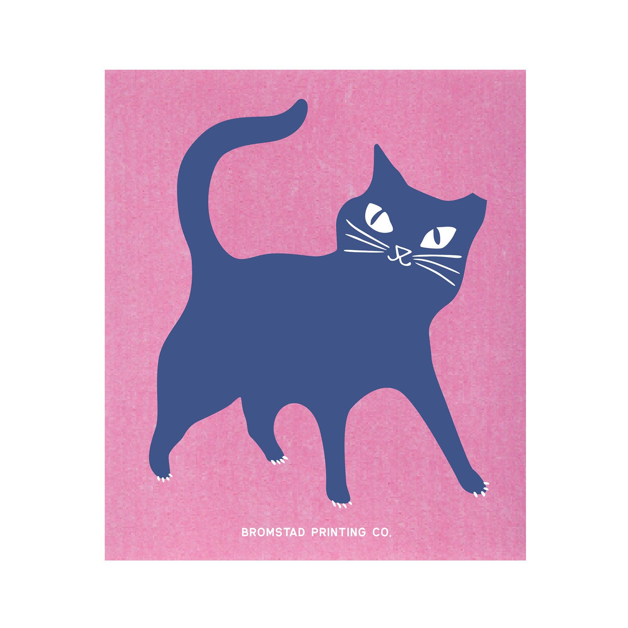 Blue cat illustration on a pink background with 'Bromstad Printing Co.' text.