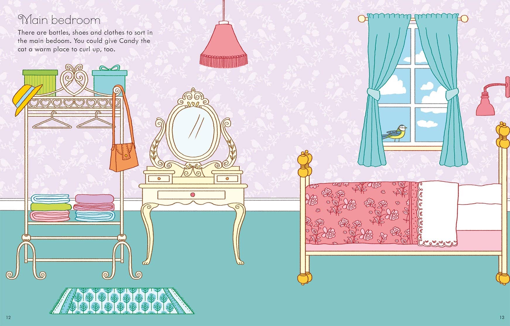 Illustration of a bedroom with a bed, dresser, and window.