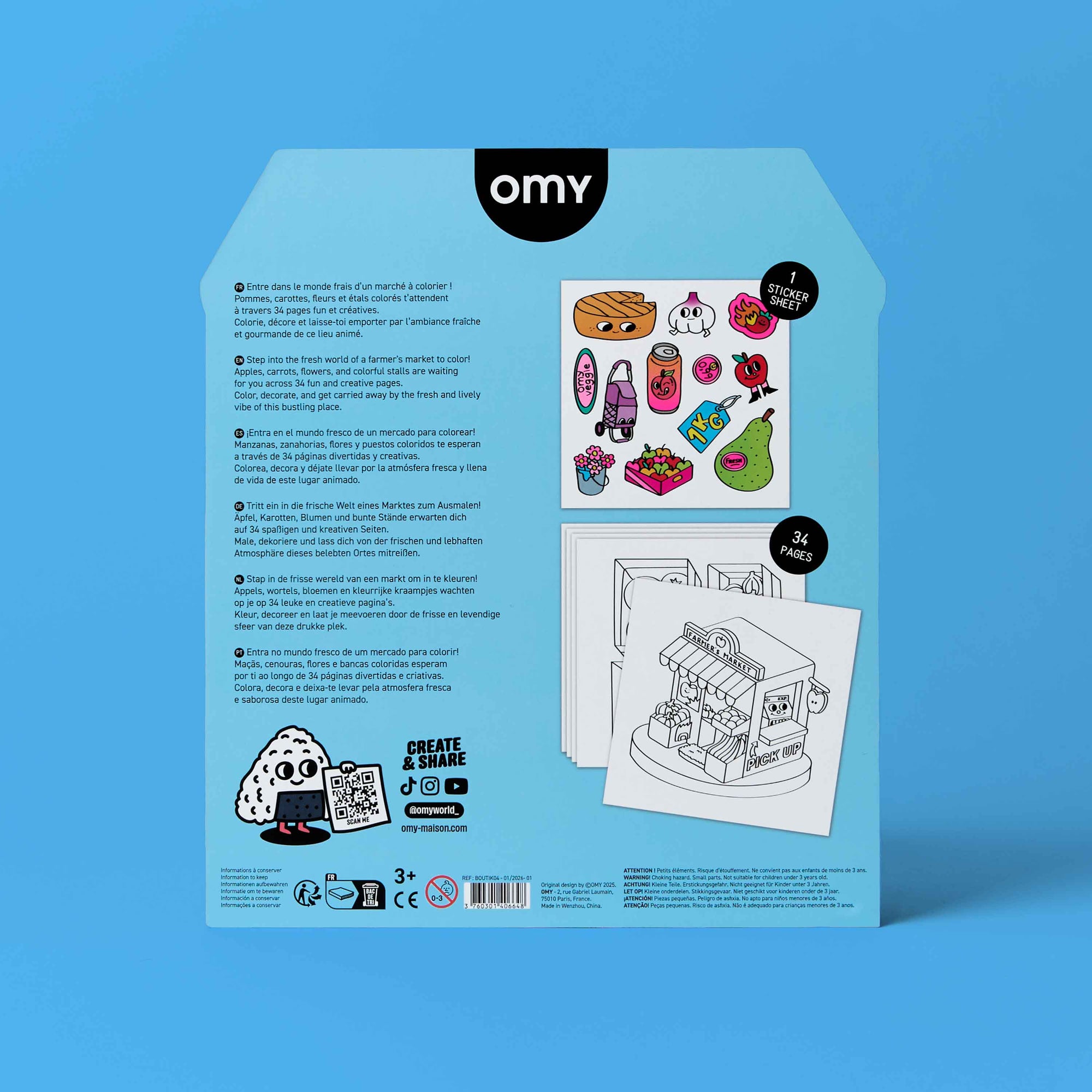 Omy product packaging with illustrations and text on a blue background