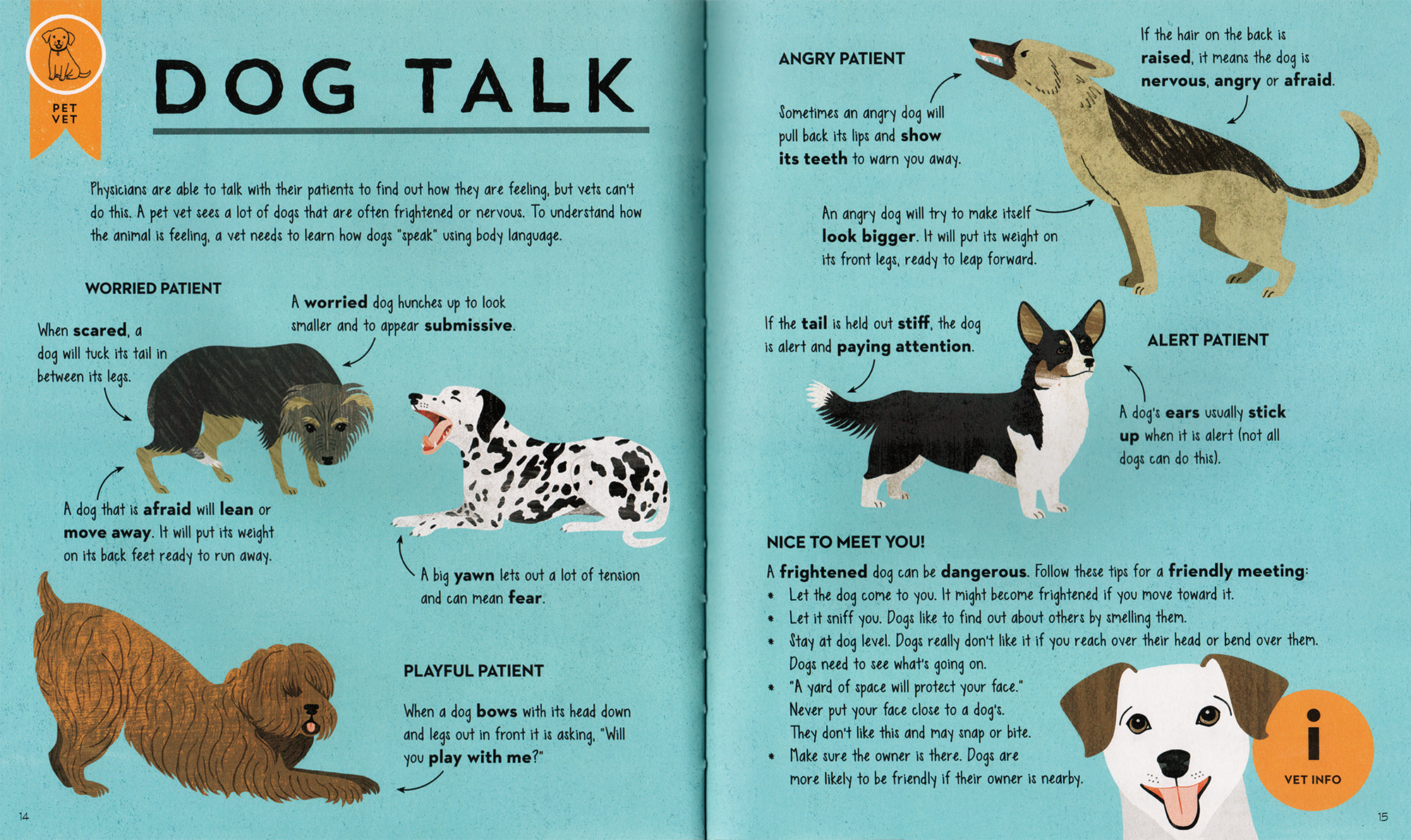 Book open to a page about dog body language with illustrations and text.