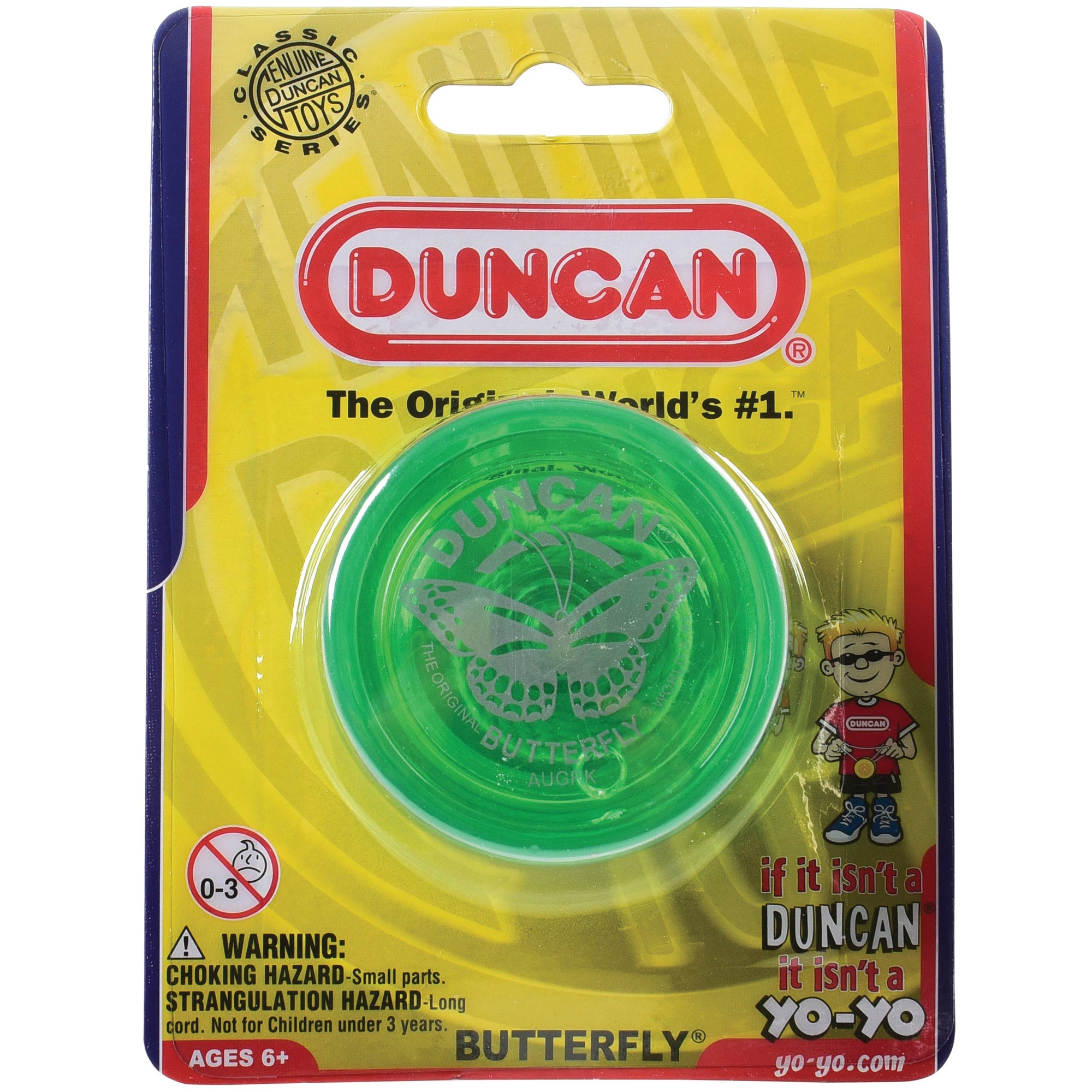 Green yo-yo in yellow packaging with Duncan logo