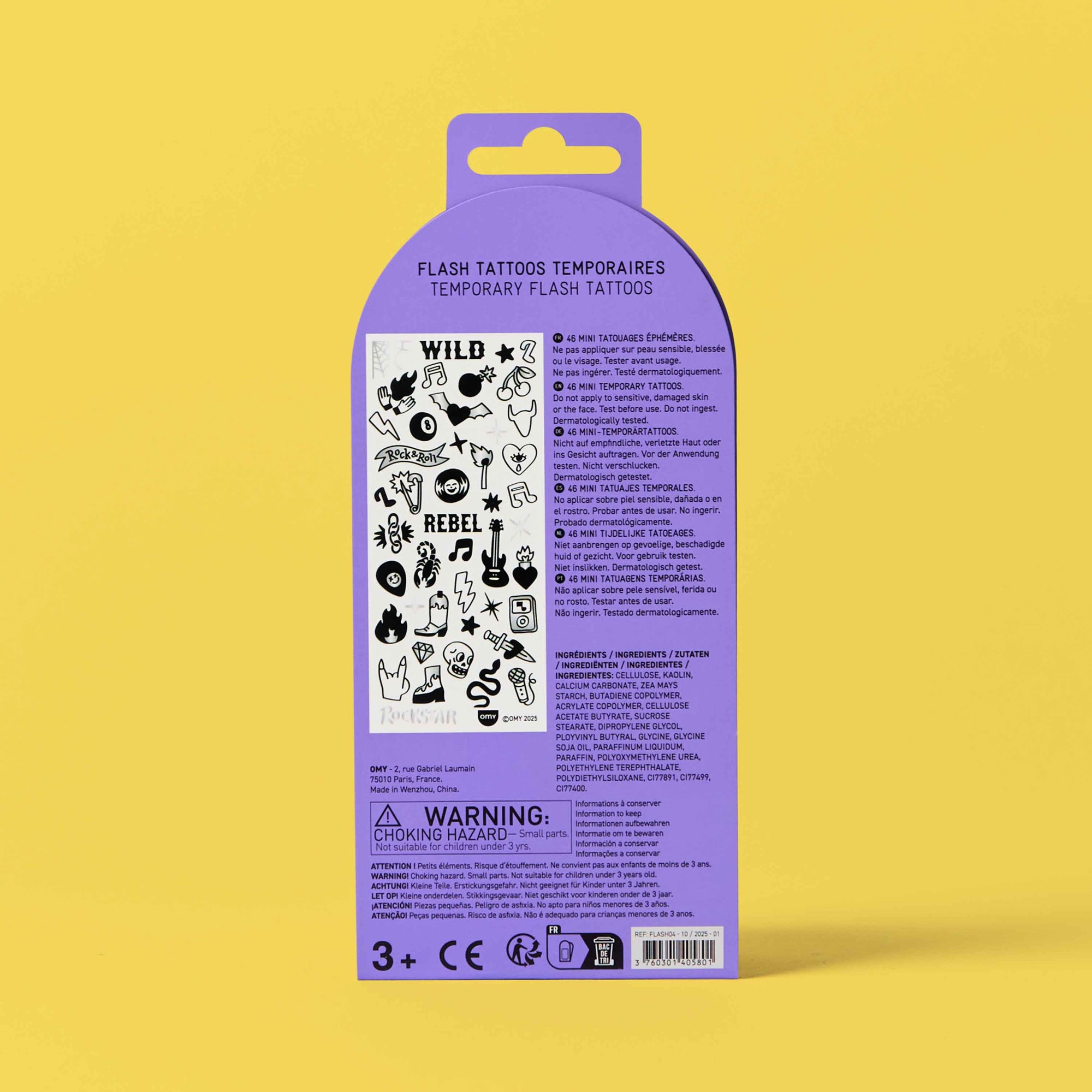 Purple packaging of temporary tattoos with a yellow background