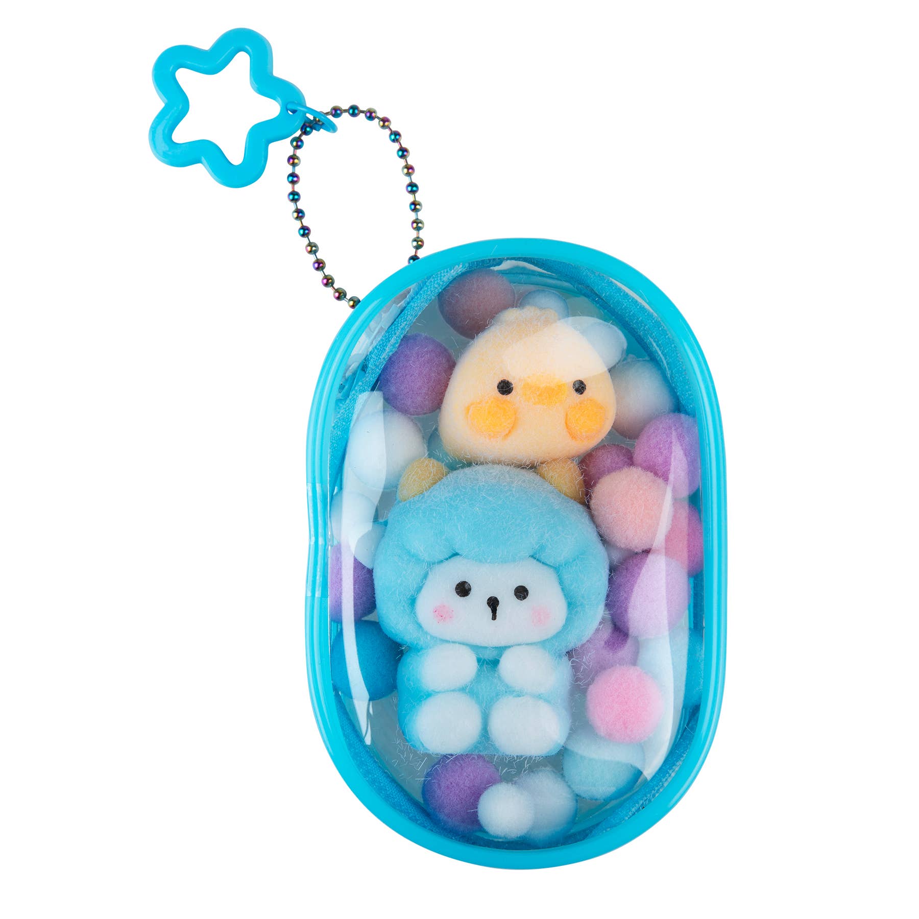 Plush keychain with star-shaped tag in a blue container on a white background