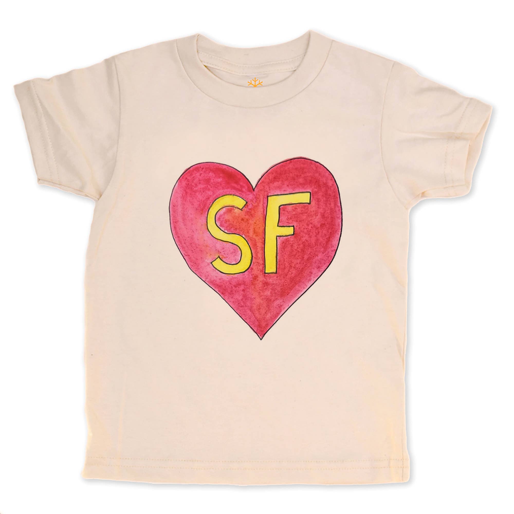 Beige t-shirt with a red heart and 'SF' in yellow on a white background