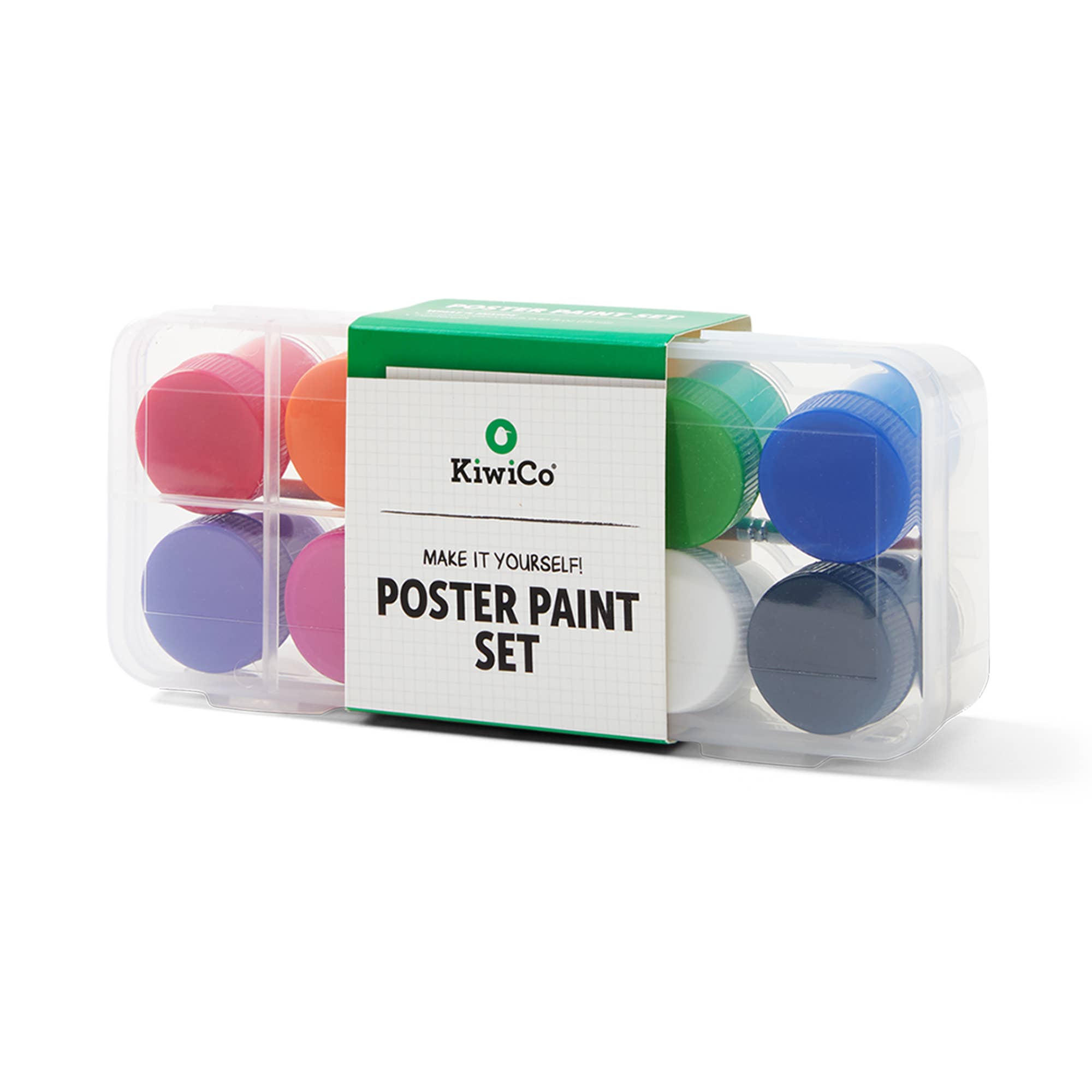 KiwiCo Poster Paint Set in a clear plastic case with a white and green label, showing multiple colorful paint wells in pink, orange, purple, green, blue, and dark gray on a white background.