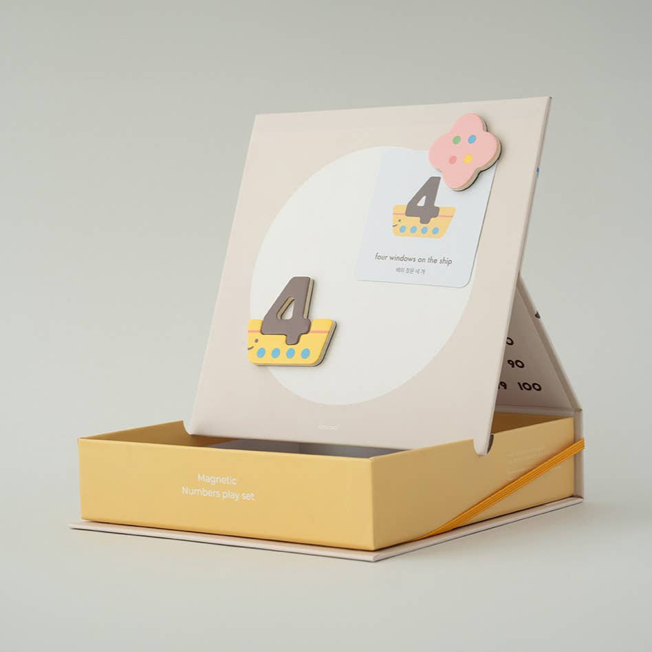 Product packaging with a card featuring the number '4' on a gray background