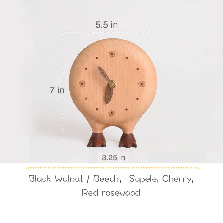 Wooden clock with dimensions and material options on a white background