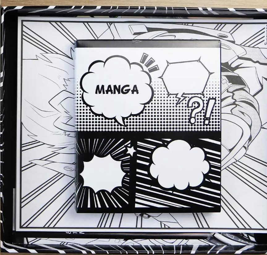 A square black-and-white comic-style card or art print featuring speech bubbles and dynamic line art, placed on top of a larger matching comic-patterned surface.