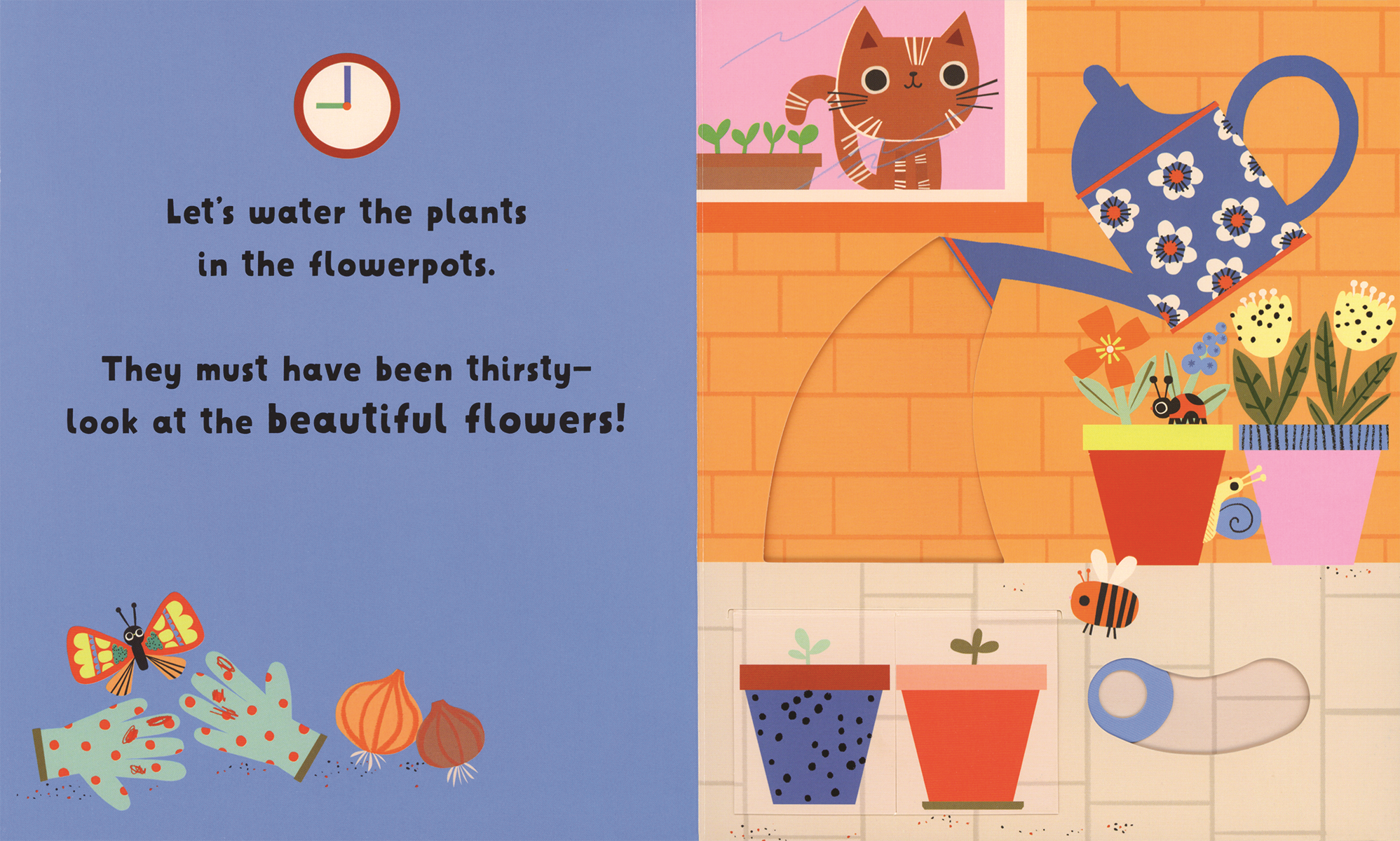 Illustrated book page with a cat watering plants and text about watering plants.