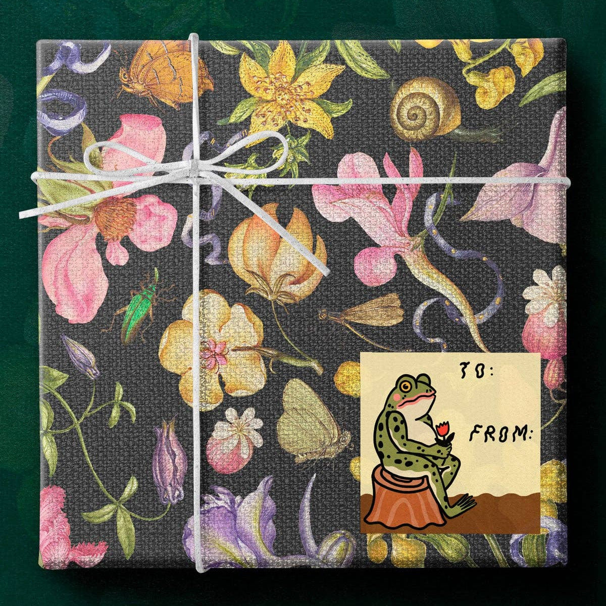 Gift box with floral design and a frog illustration on a dark green background