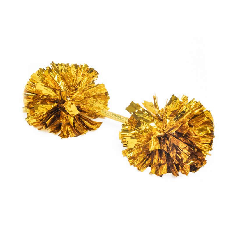 Pair of gold pom-pom earrings on a white background