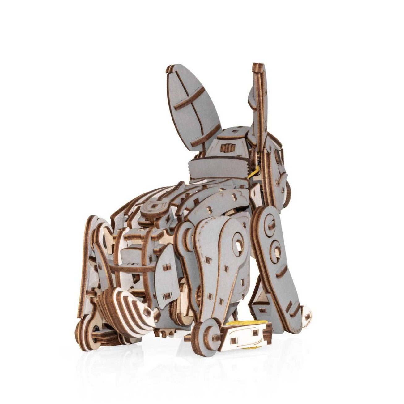Wooden mechanical model of a bunny on a white background