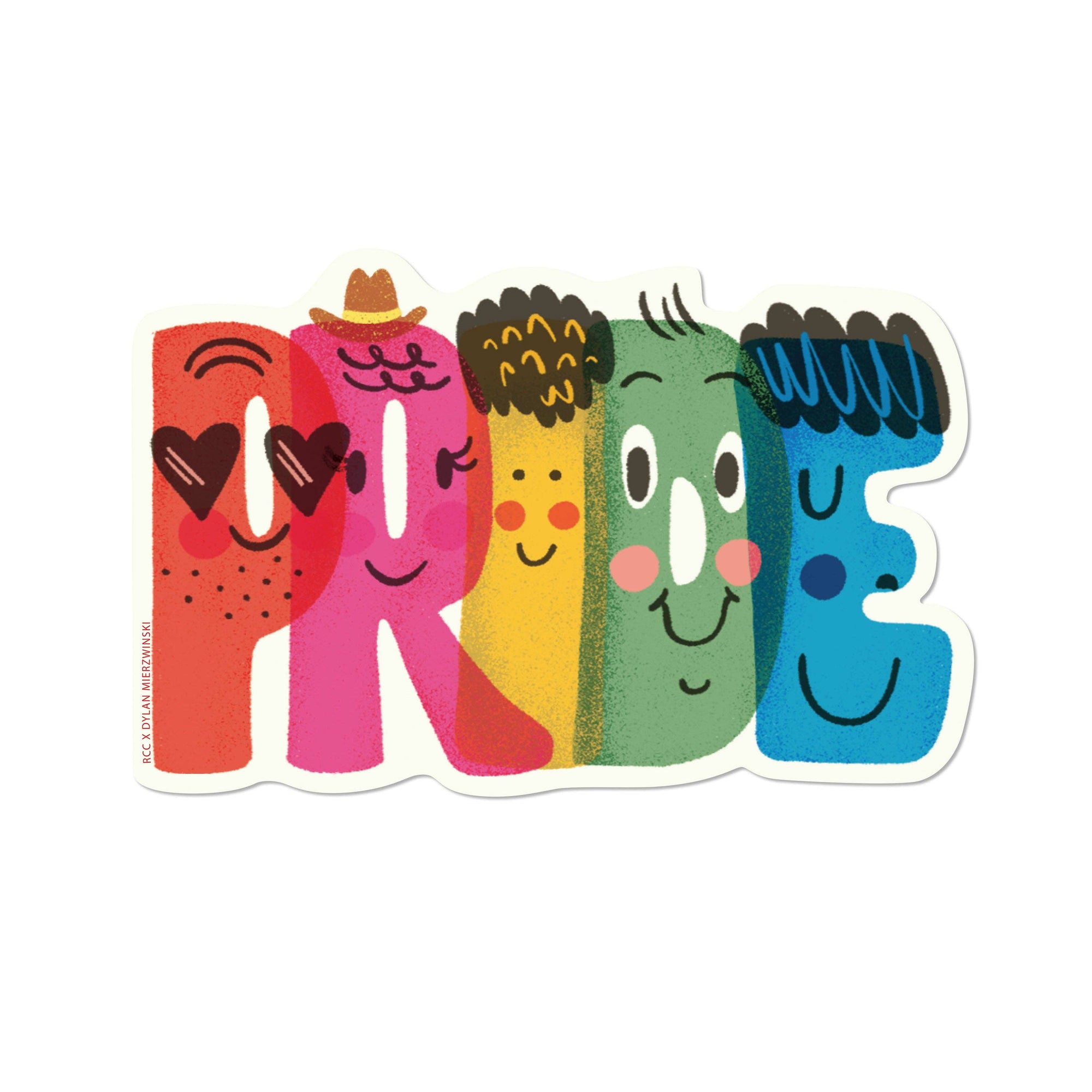 Colorful 'PRIDE' sticker with cartoon faces on a white background