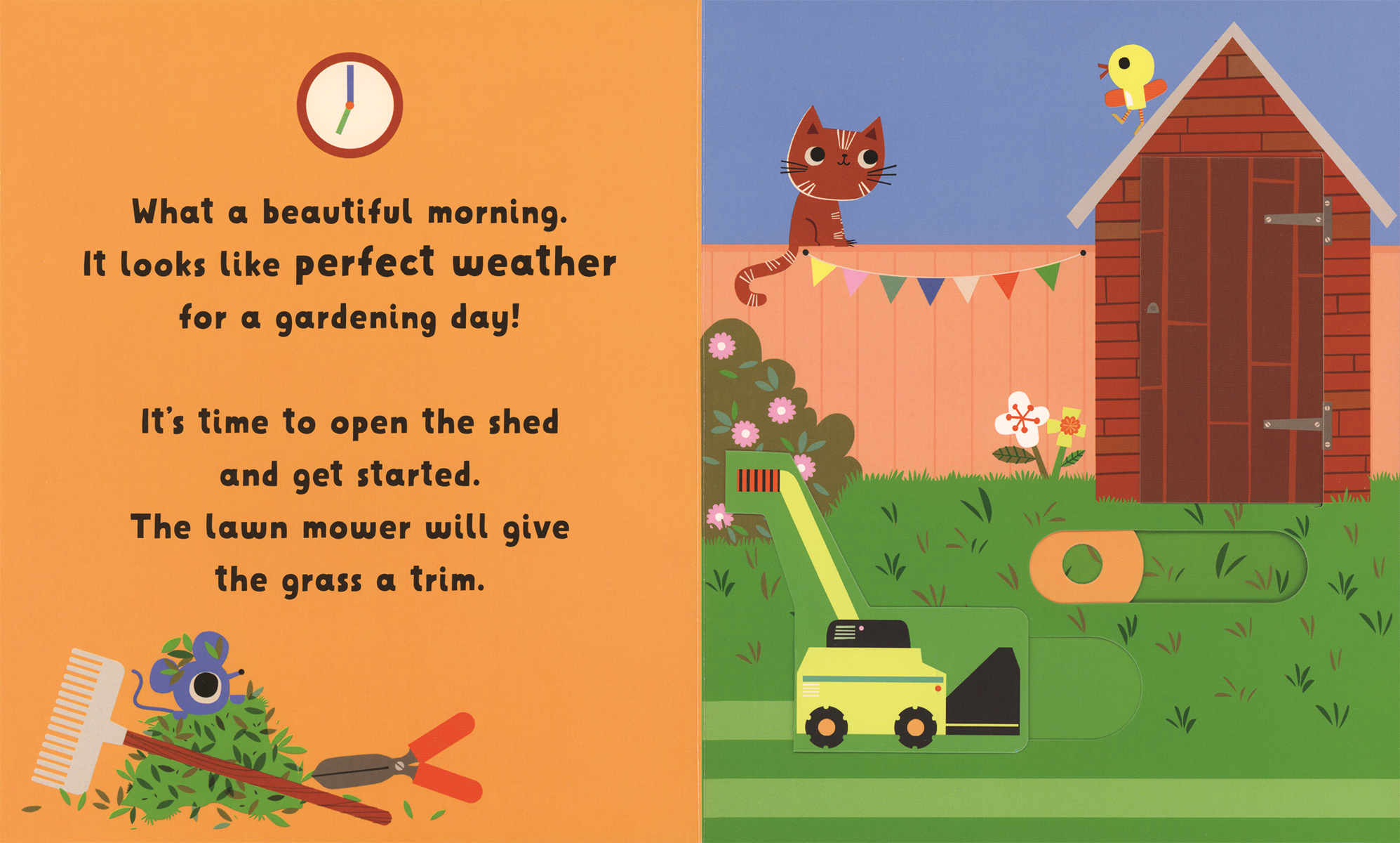 Illustration of a garden scene with a shed, lawn mower, and cat, accompanied by text about gardening.