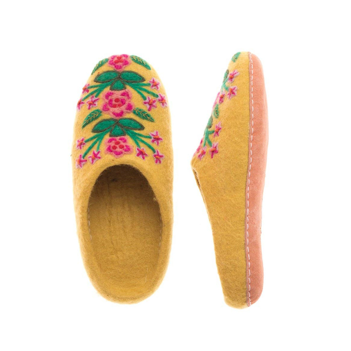 Yellow slippers with floral design on a white background