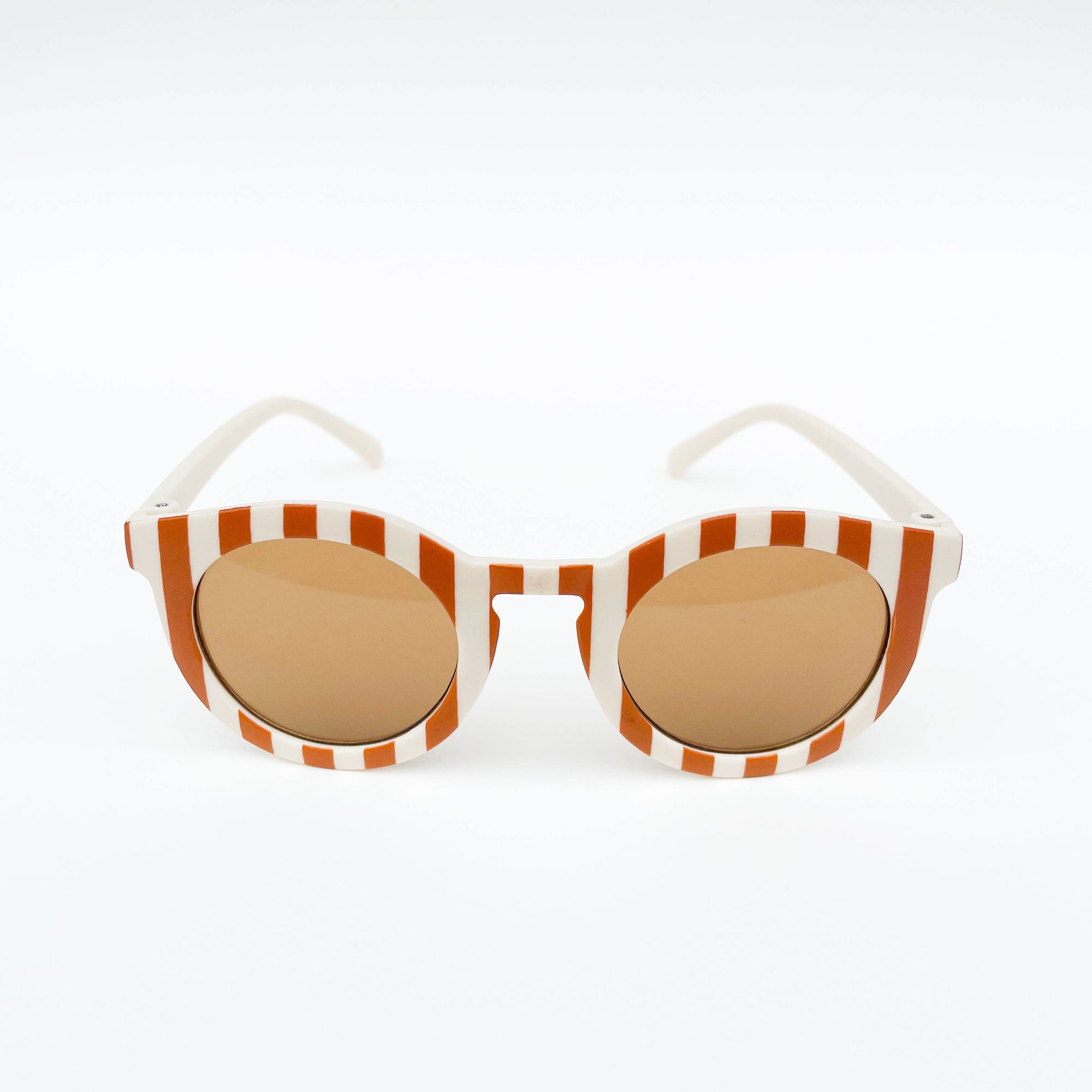Sunglasses with red and white striped frame on a white background