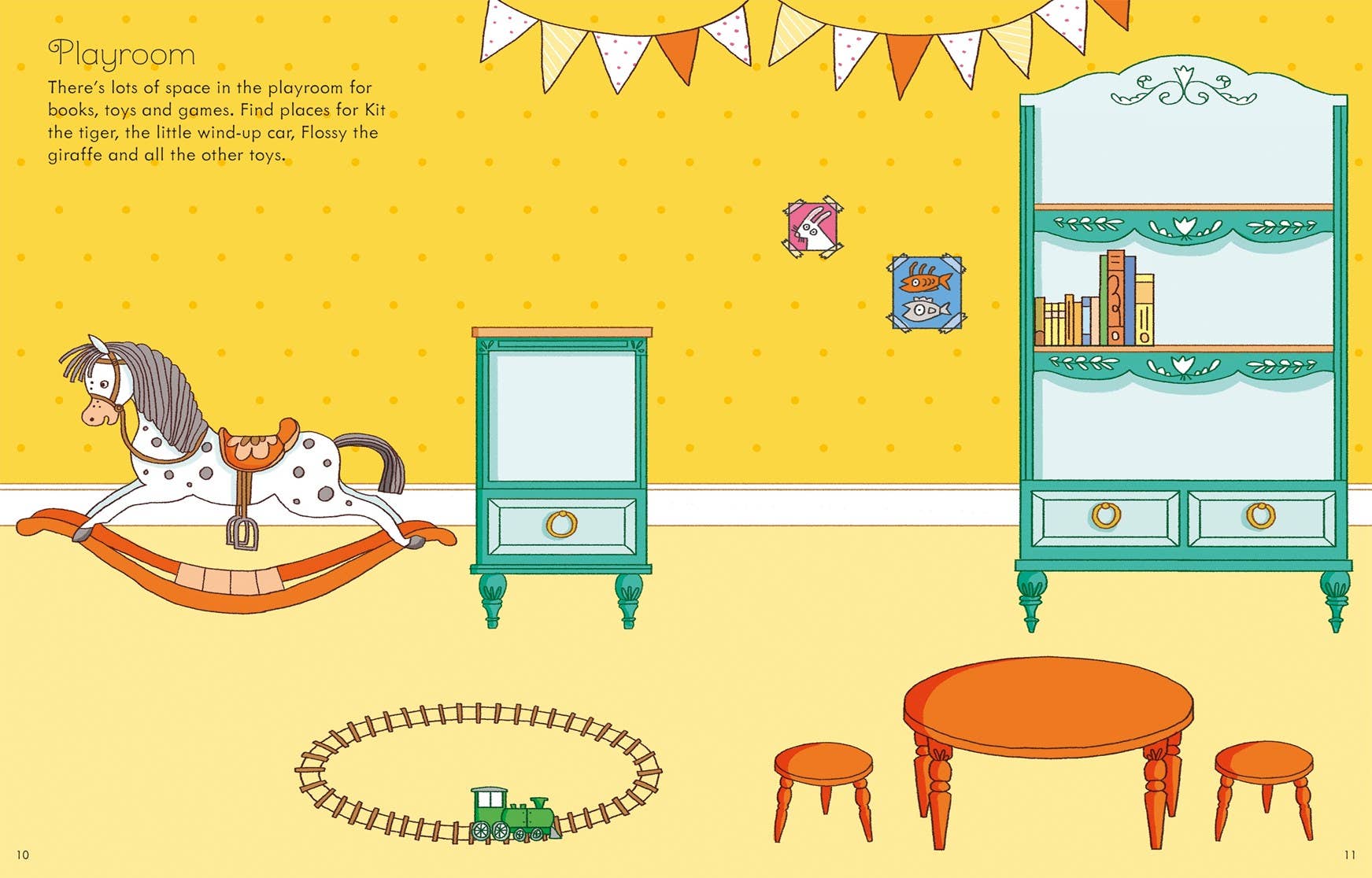 Illustration of a child's playroom with toys and furniture on a yellow background