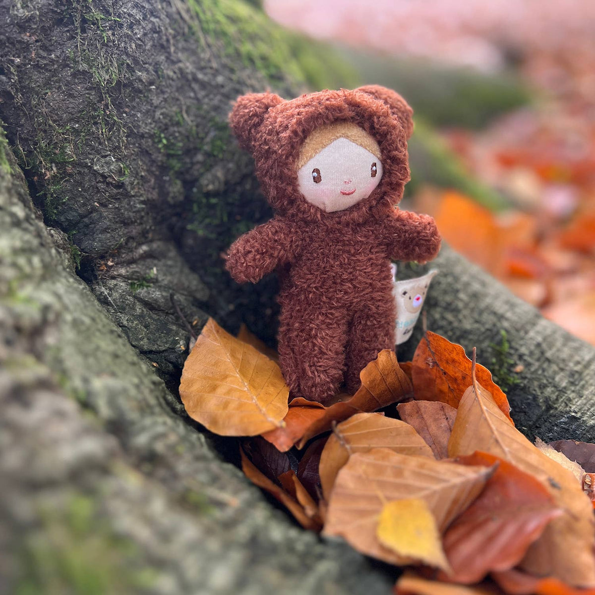 Small plush toy in a brown outfit sitting among autumn leaves on a tree trunk.